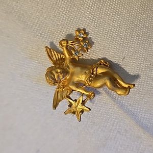 AAi Winged Cherub Angel Gold-Plate Rhinestone Brooch